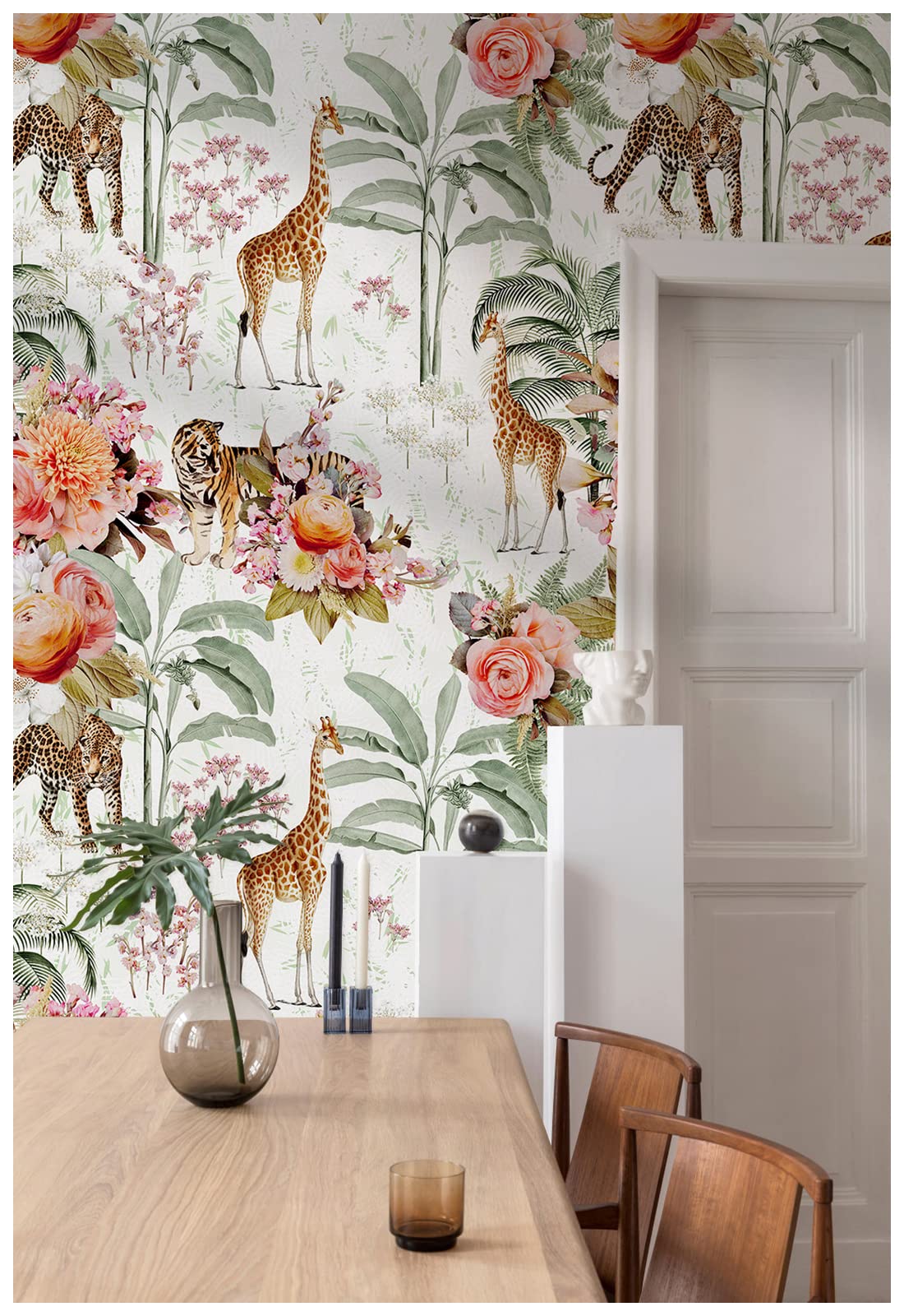 HAOKHOME Forest Peel and Stick Floral Wallpaper Jungle Animal Removable White/Green/Pink Vinyl Self Adhesive Mural 17.7in x 9.8ft