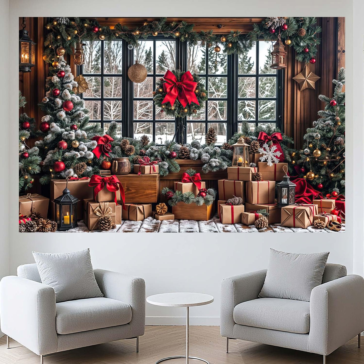 10X8ft Winter Christmas Photography Backdrop Red Xmas Tree Snow Rustic Wooden Window Banner for Family Holiday Party Decoration Supplies Photo Studio Props Pictures