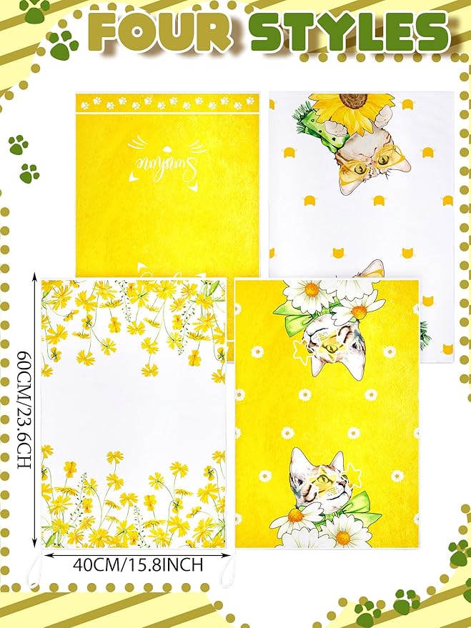 Bencailor 4 Pcs Cat Kitchen Towels Yellow Floral Cute Kitty Hand Dish Towels