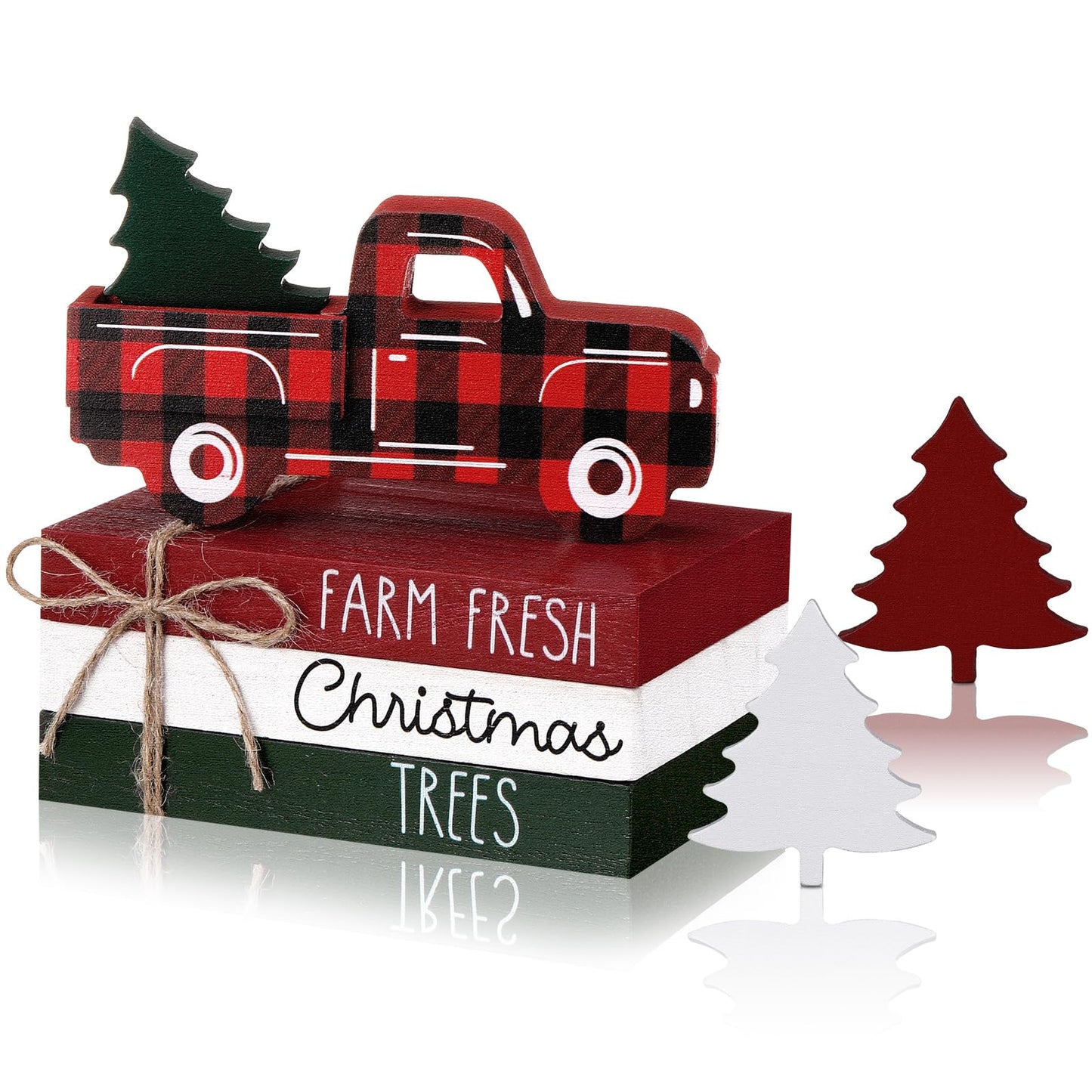 DoubleFill 7 Pcs Christmas Tiered Tray Decor Christmas Table Centerpiece Wooden Red Truck Tree Decor Block Sign 3 Faux Books Bundle with Twine for Xmas Bookshelf Farmhouse Home Party Rustic Decoration