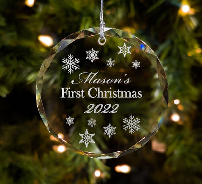 Personalized Crystal “First Christmas” Ornament – 3 in Round Keepsake with Gift Box & Ribbon – Custom Name & Year Baby, Couple or Family