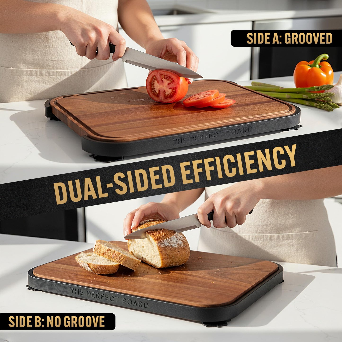 Acacia Wood Cutting Board for Kitchen - 17x12 Large Butcher Block with Non-Slip Suction Cup Frame & Juice Groove - Reversible Heavy Duty Chopping Board - Professional Chef Designed Sustainable Wood