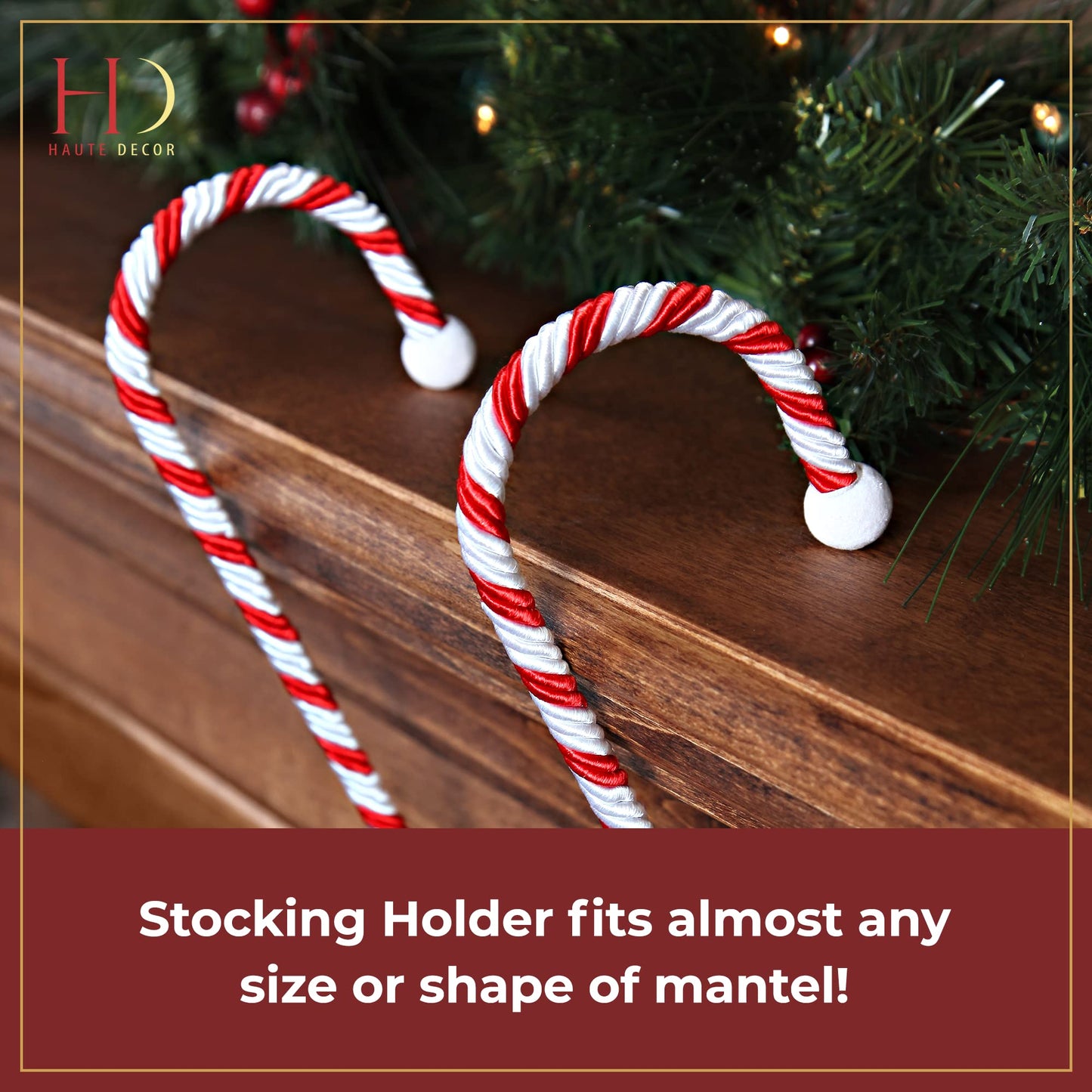 Haute Decor Candy Cane Stocking Holder (Classic Red and White) - Hang Your Christmas Stockings in Style - Lightweight Yet Holds Up to 10 lb.