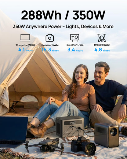 2026 Portable Power Station 700W Surge, 288Wh LiFePO4 Battery Backup, Power Bank with AC Outlet 350W/110V, Solar Generator Fast Charging for Camping Essentials, Hurricane Emergency, Home, Road Trips