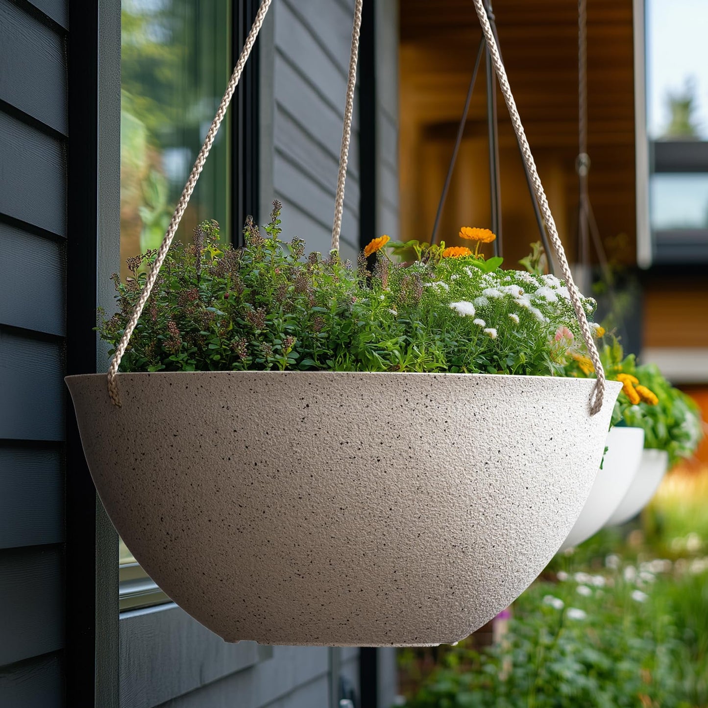 LA JOLIE MUSE Large Hanging Planters for Outdoor Plants - 13 Inch Hanging Flower Pots Set of 2, Speckled White