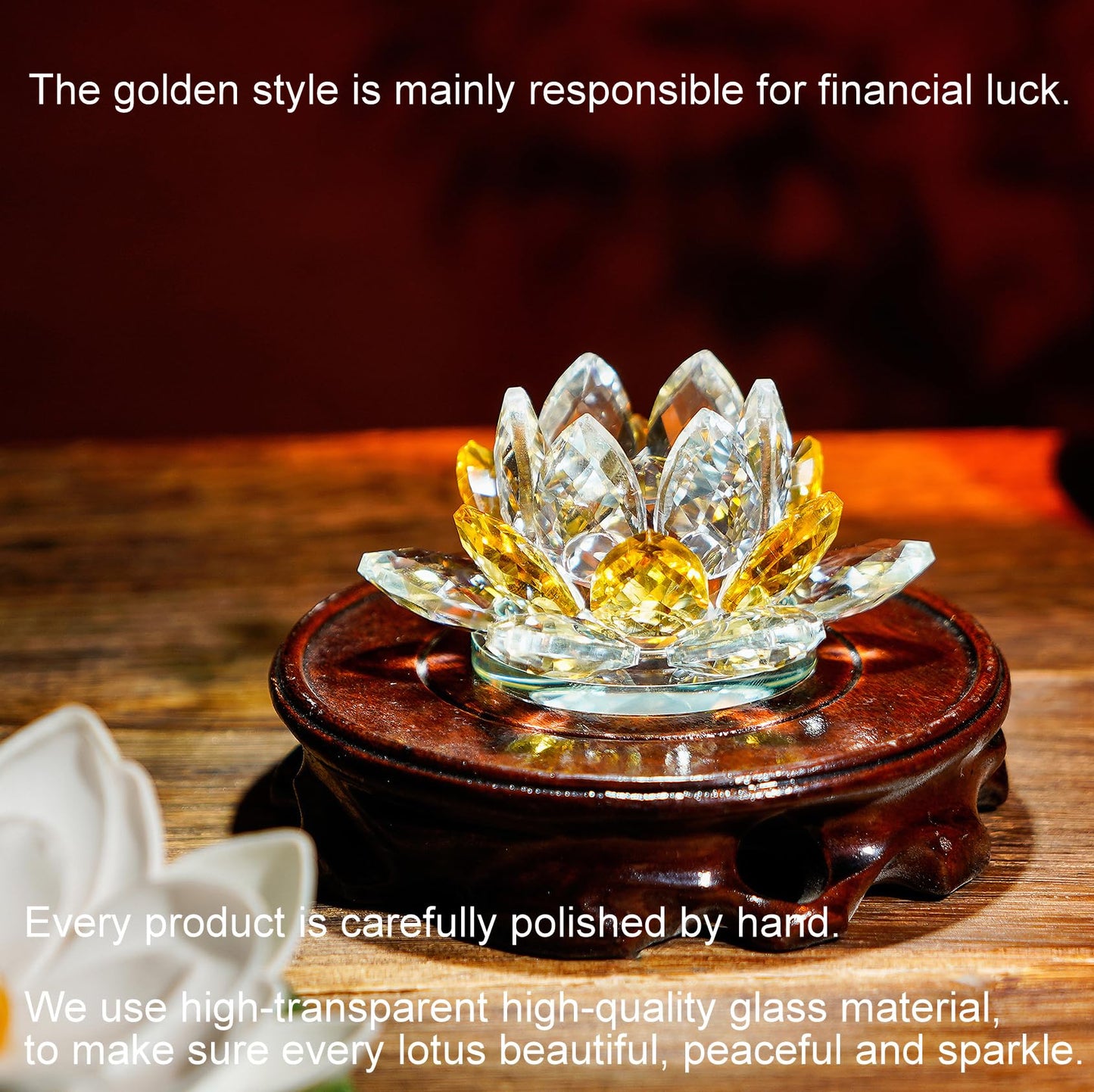TENGFENG Crystal Lotus Flower Bicolor - Hue Reflection Glass Lotus Flower Feng Shui Home Decor Lucky Charm Crystal Figurine with Gift Box Collectible Figurines (Gold, 3.3 inches)
