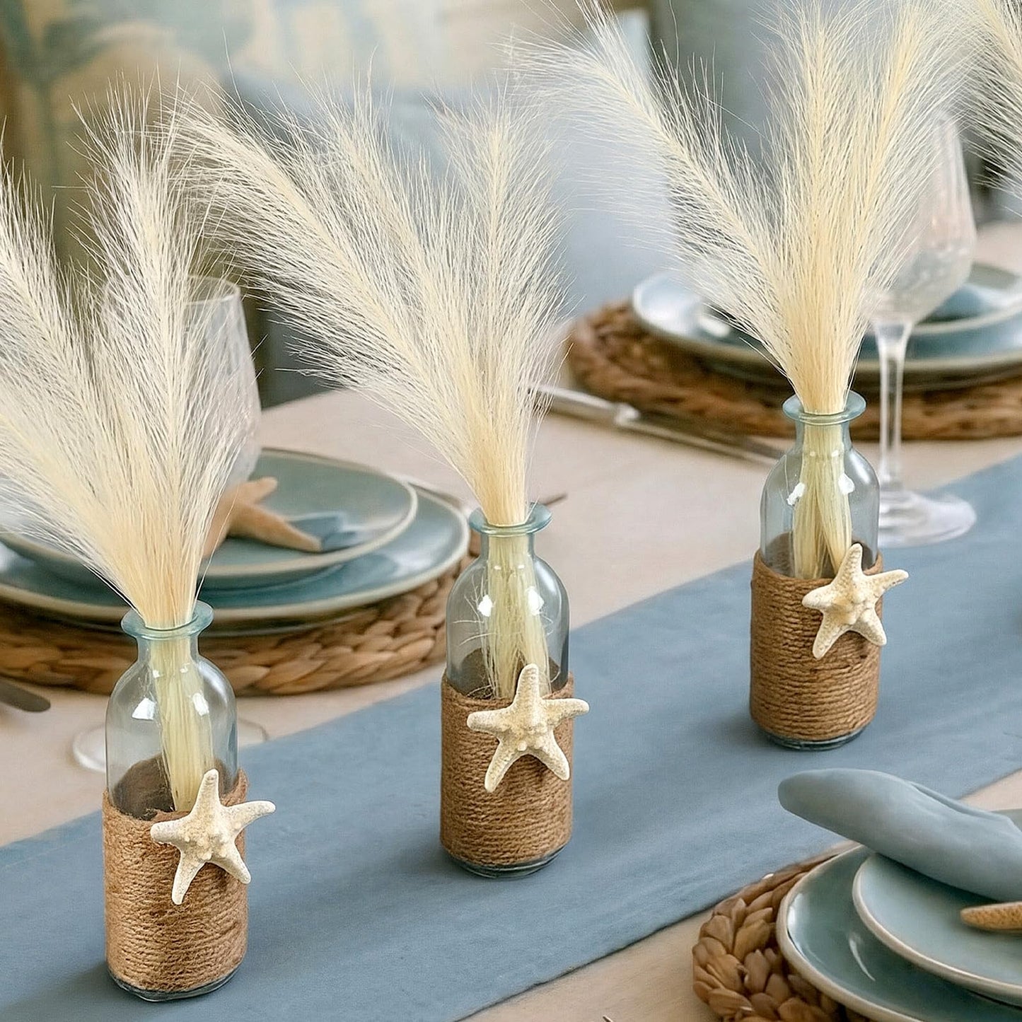 Vicenpal Set of 4 Blue Bud Glass Vase Coastal Starfish Small Flower Vase with Artificial Reeds Boho Rope Beach Decorative Table Centerpiece for Coastal Nautical Wedding Floral Room Decor