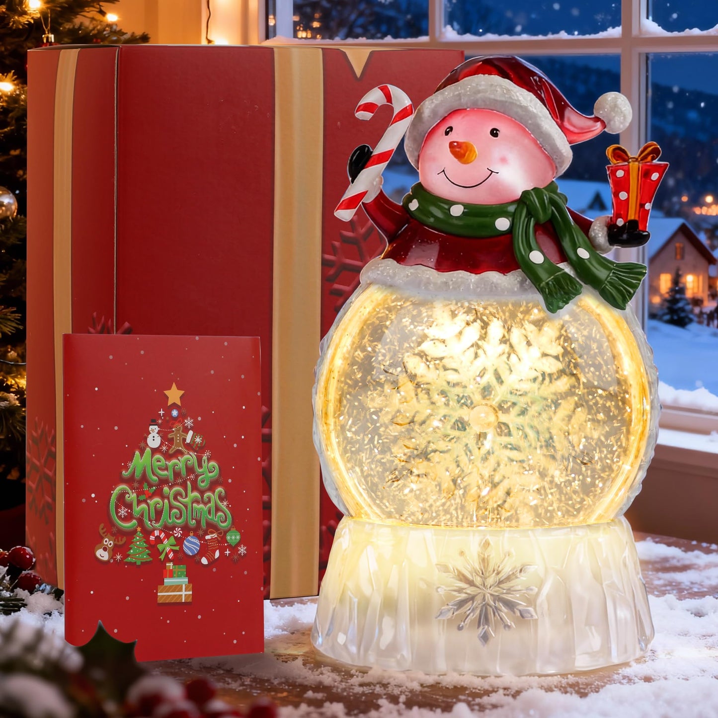 9" Lighted Christmas Snow Globe Lantern, Snowman Water Globe with Swirling Glitter, 8 Christmas Songs, USB/Battery Powered, 6H Timer, LED Holiday Tabletop Decor