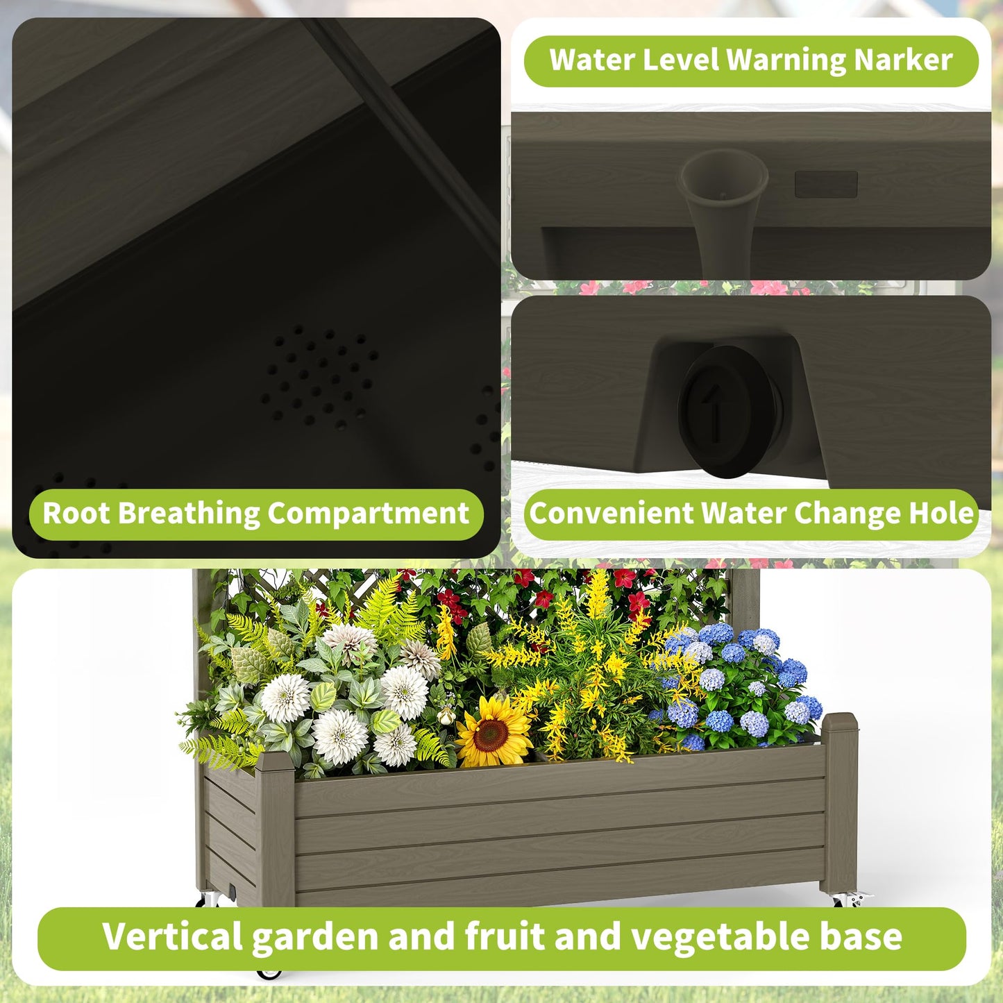 GYMHILL Elevated Raised Garden Bed with Trellis,Outdoor Large Resin Patio Planter Box with Lockable Wheels Drain Plug,Water Monitor for Plants Vegetables Flowers Fruits (Grey, 43.43 * 18.27 * 64.29)