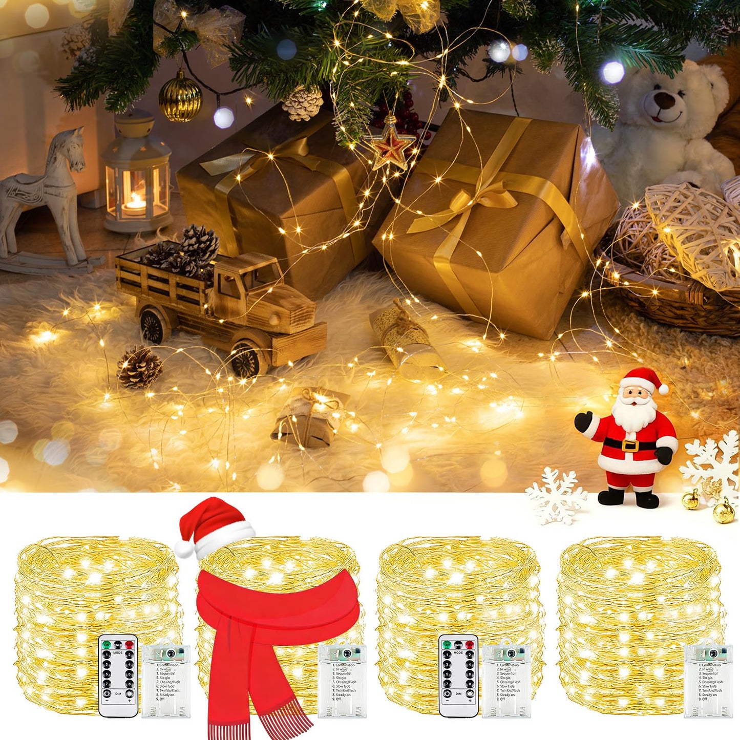 4Pack 80FT 240LED Christmas Fairy Lights Battery Operated with Remote & Timer | 8 Modes Twinkle String Lights Battery Powered Indoor Outdoor Waterproof for Bedroom Wedding Christmas Décor