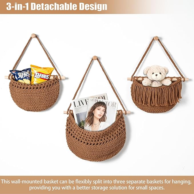 3 Tier Hanging Fruit Baskets for Kitchen, Boho Cotton Rope Handwoven Vegetable