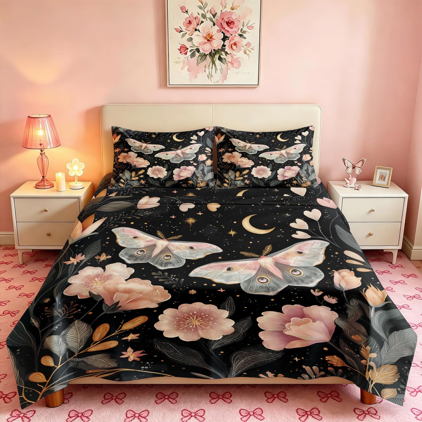 Pink Luna Moth Bedding Set 4 Pcs Girls Moon Star Full Sheets