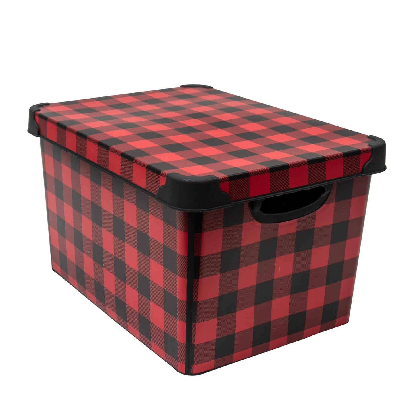 Simplify Checkered Design Storage Bin | Christmas Tote | Holiday Décor Decorations Organizer | Buffalo Plaid Design | Lidded | Stackable | Black and Red