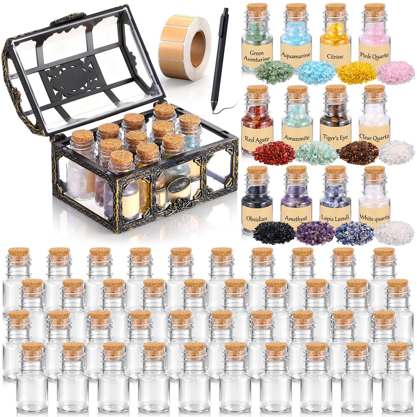 LemonRoad 120 Pcs Crystal Chips Gemstone Bottles Set Include 50 Pcs Gemstone Bottles 12 Colors of 1200g Healing Crystals Chips Wicca Gem Stones Kit Witch Gifts Craft Supplies