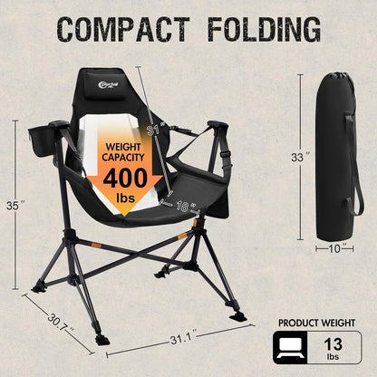 Portal Hammock Camping Chair, Portable Outdoor Swinging Chairs, Rocking Chair for Adults with Adjustable Back and Height for Lawn, Backyard, Patio, Supports 400 lbs, Mesh High Back, Black, 2 Pack