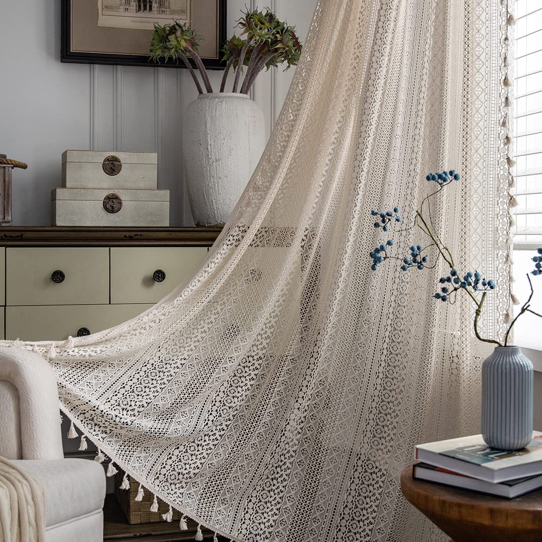 Boho Curtains for Living Room Bedroom, 63 inch Length 2 Panels Set Cotton Linen Semi Sheer Farmhouse Window Curtains with Tassels & Rod Pocket, Beige Lace Crochet Rustic Floral Long Curtain Drapes