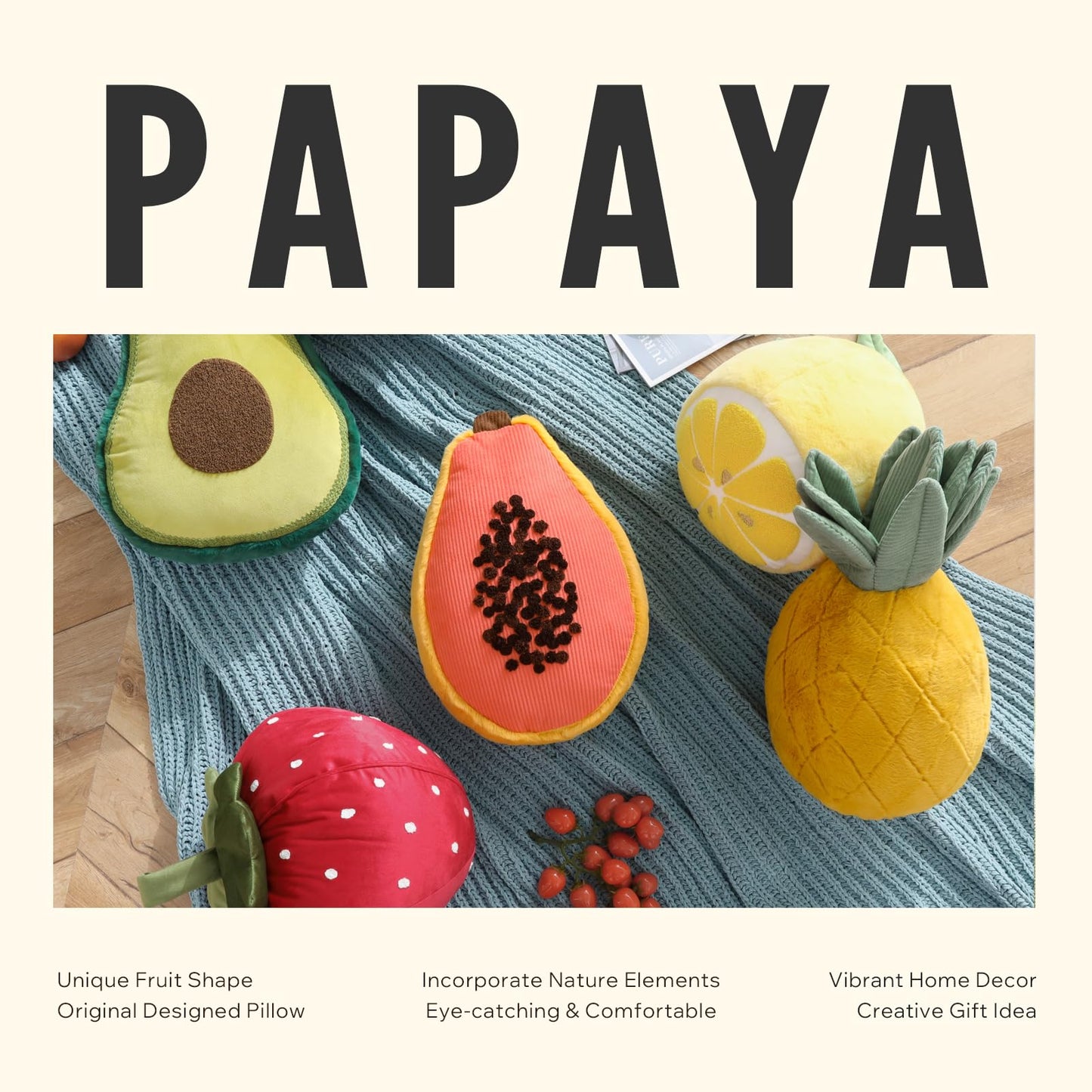 Phantoscope Papaya Shaped Throw Pillow, Fruit Themed Cushion for Couch, Bed and Chair, Pink, 10 x 15 inches