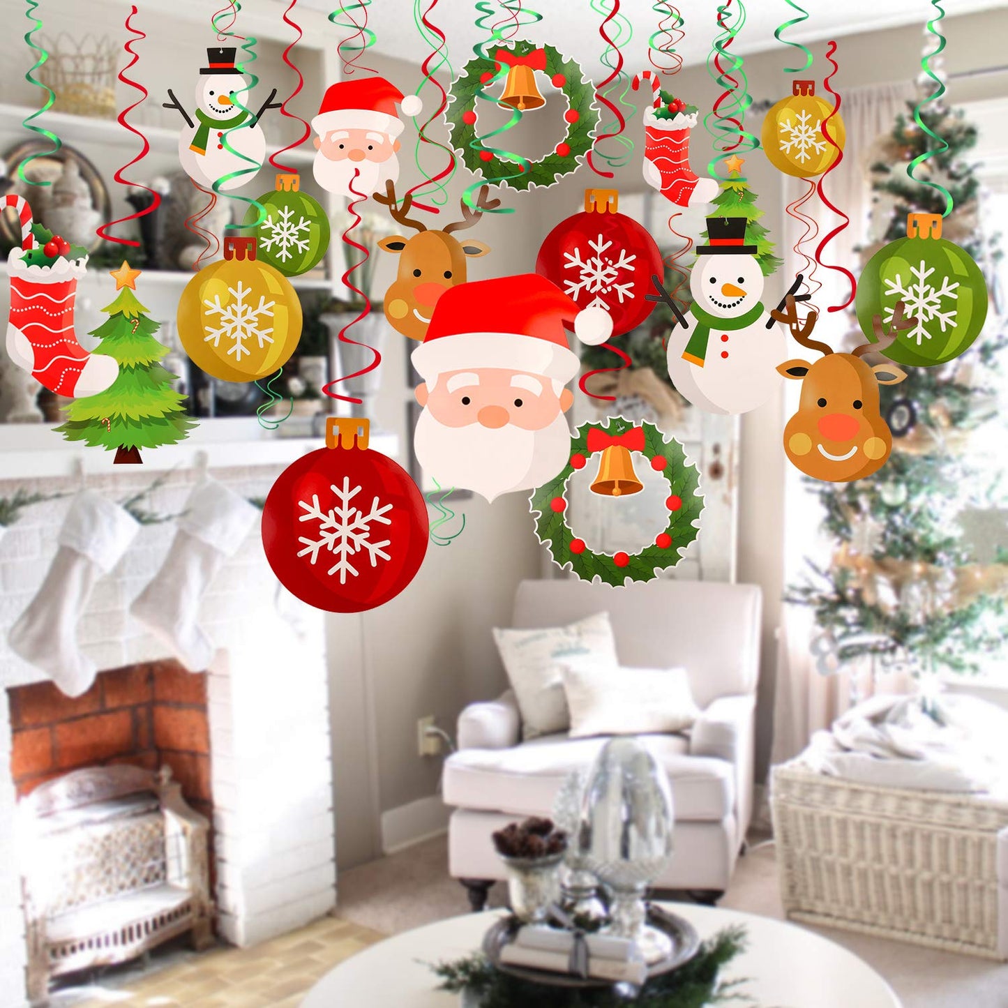 Konsait Christmas Hanging Swirl Decoration Kit(32pcs), Merry Christmas Swirls Garland Xmas Tree Snowman Socks Santa Foil Hanging Ceiling for Xmas Winter Wonderland Holiday Party Decor Supplier