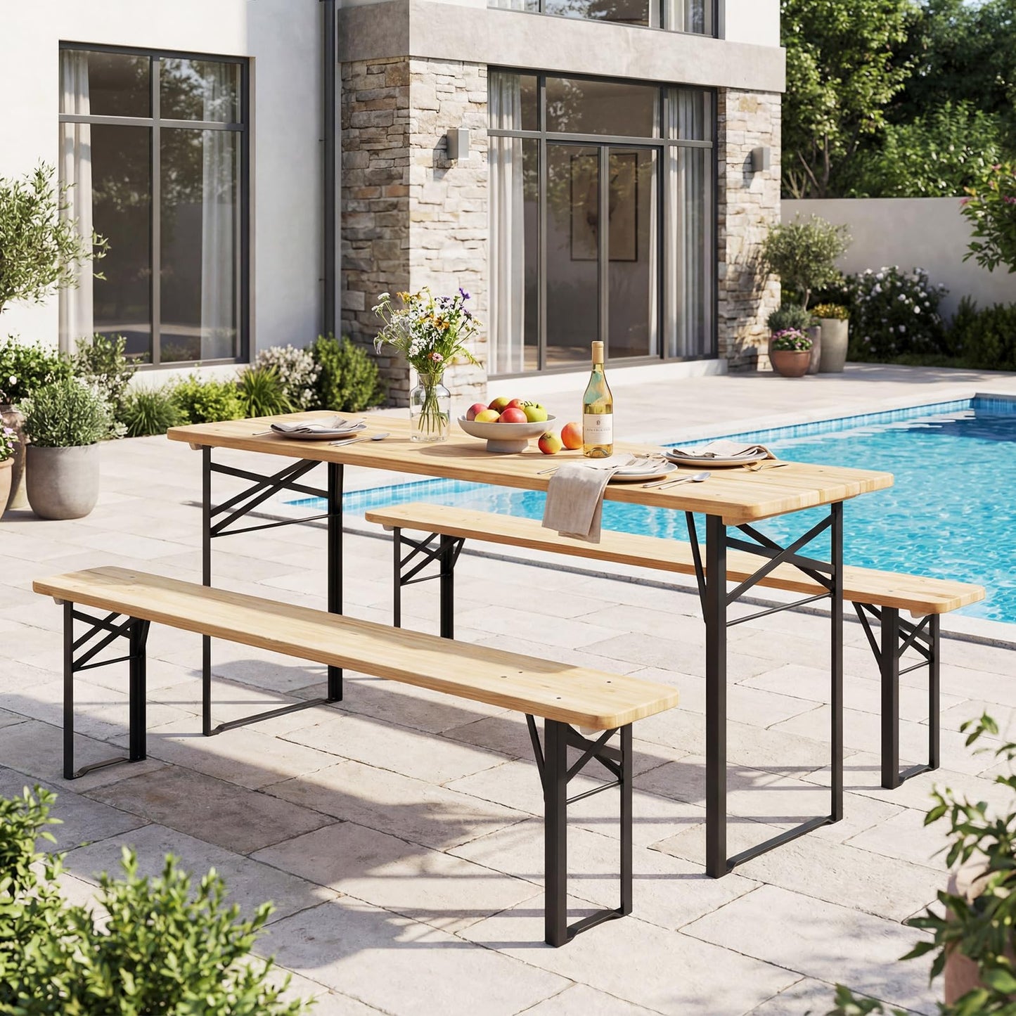 Giantex 70 Inch Folding Picnic Tables with Benches Set, Solid Wood Camping Beer Table Bench Set with Metal Frame, 3-Piece Portable Patio Dining Furniture, Indoor & Outdoor Folding Table and Chairs