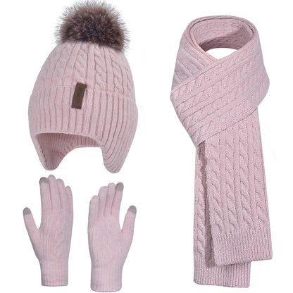 Winter Hat Gloves Scarf Set for Kids Earflap Beanie with Cute Pom Knit Girls Children Baby Toddler Pink Warm Wool Fleece Lining 10 11 12 13 14 Years Old