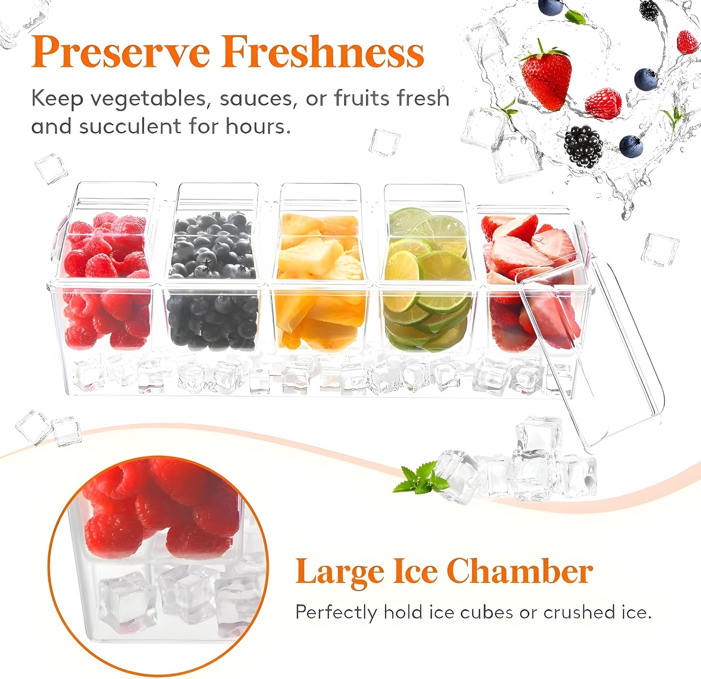 BLIVORRA 𝐋𝐚𝐫𝐠𝐞 Ice Chilled Condiment Containers with Lids with 5x 20oz (2.5 cup) Containers, Large Taco Bar Serving Set for a Party, Condiment Organizer with Removable Dishes│FREE ACCESSORIES│