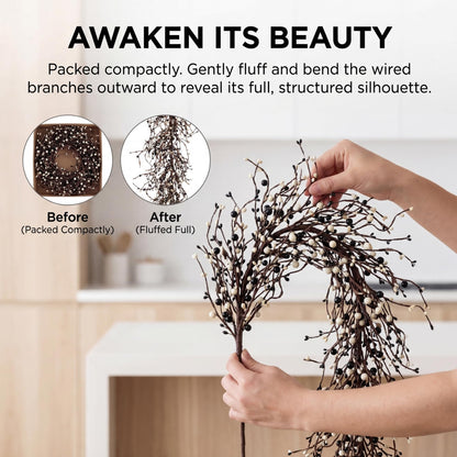 Quixem 60 Inch (5FT) Rustic Black and Cream Pip Berry Garland for Fireplace Mantel & Table Runner, Flexible Wired Artificial Vine, Everyday Modern Farmhouse Decor, Precise Size