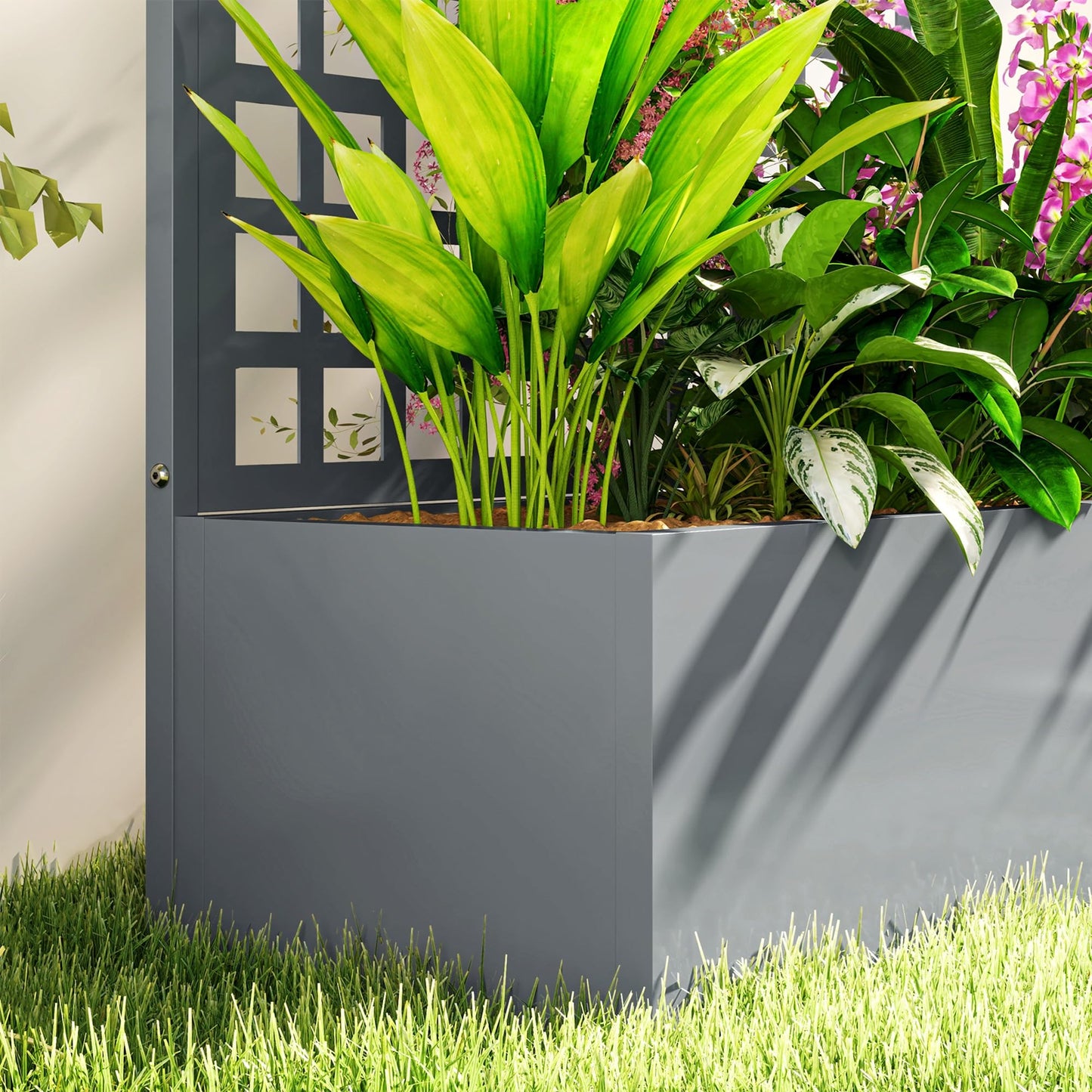 Outsunny Galvanized Raised Garden Bed with Trellis, Metal Planter Box with Drainage Holes, Outdoor Privacy Screen for Climbing Plants, Vegetable, Vines, 35" x 16" x 70", Gray Wood Effect