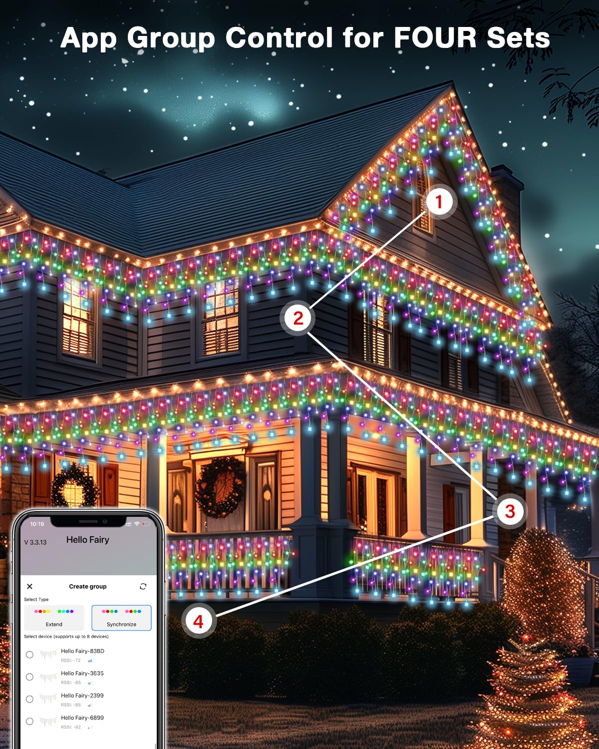 33FT Smart RGB Christmas Icicle Lights – APP Control LED String Lights for Outside, Music Sync, DIY Color Changing, 58+ Modes, Connect 3 Strands (99FT) – Waterproof Icicle for Roof, Tree, House