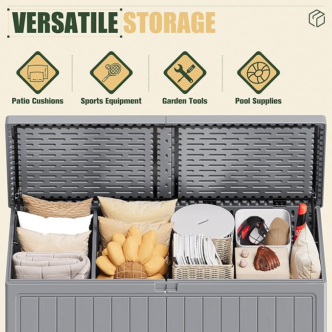 JUMMICO 270 Gallon Outdoor Storage Deck Box with Divider, Double Wall Storage Box with Lockable Lid for Garden Tools, Pools Supplies (Gray)