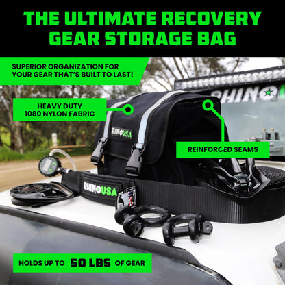 Rhino USA Recovery Gear Storage Bag (Black) - Ultimate Recovery Kit Bag for Organization in Your Vehicle - Use With Your Tow Strap, Shackles, Snatch Block or Anything You Desire - Guaranteed For Life!
