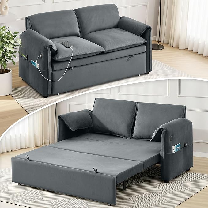 63" Velvet 3 in 1 Convertible Sleeper Sofa Bed, Pull Out Couch Bed Loveseat