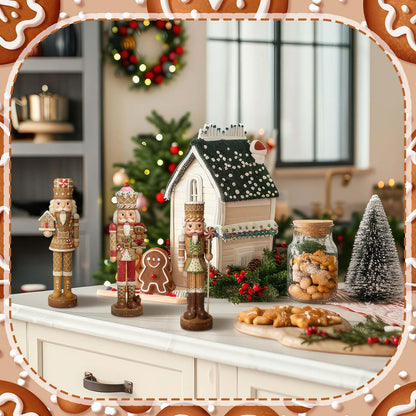 Simgoing 3 Pcs Gingerbread Nutcracker Figures Christmas Resin Nutcracker Figurines Holding Christmas Cookies, Gingerbread Men and Candy, Soldier Xmas Centerpieces Decor for Winter Table Party Favors