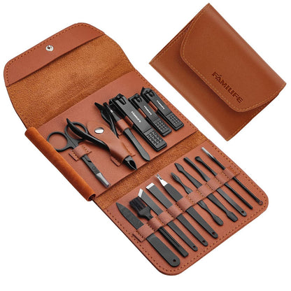 FAMILIFE Manicure Set, Nail Professional Kit Manicure Kits Nail Clipper Sets, 13PCS Stainless Steel Pedicure Sets Mens Grooming Tool, with Brown Leather Travel Case for Men