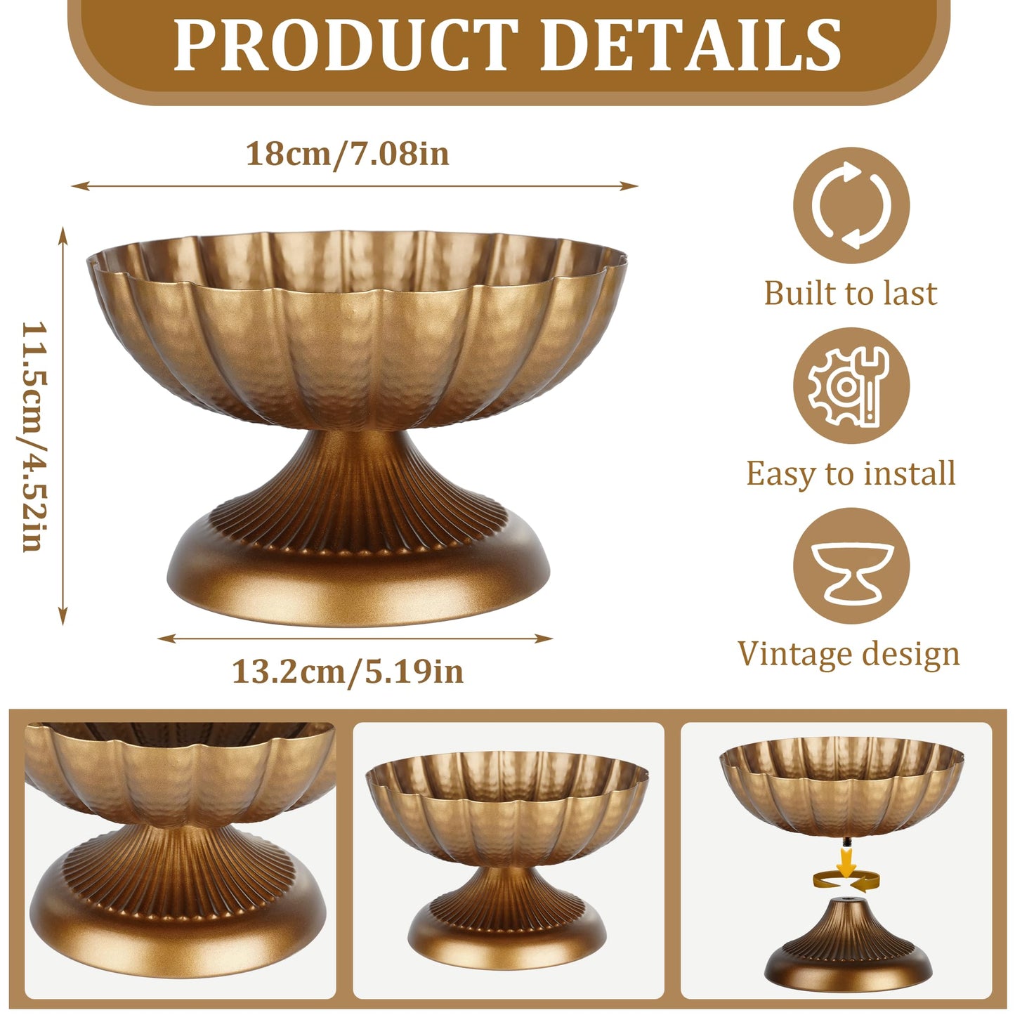 VIVIRENOIR 2 Pcs Compote Bowl Vases for Centerpieces, 7" Distressed Gold Small Urn Vase Pedestal VaSe Pot, Flower Arrangement for Wedding Anniversary Party Home Decor, Antique Brass