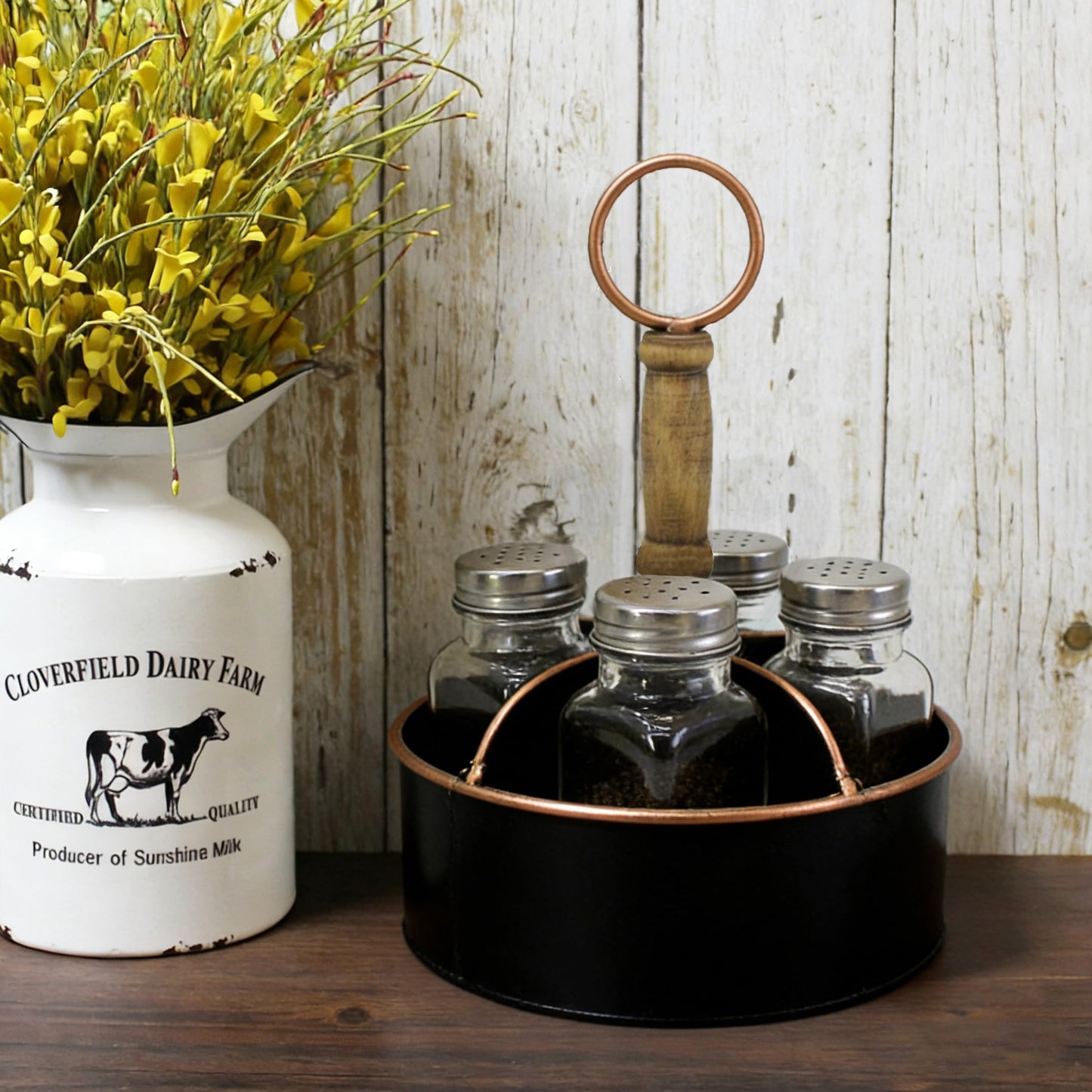 ZNCO Metal Round Salt, Pepper and Toothpick Caddy with Wooden Handle, Glass Shakers Set, Rustic Vintage Style, Black