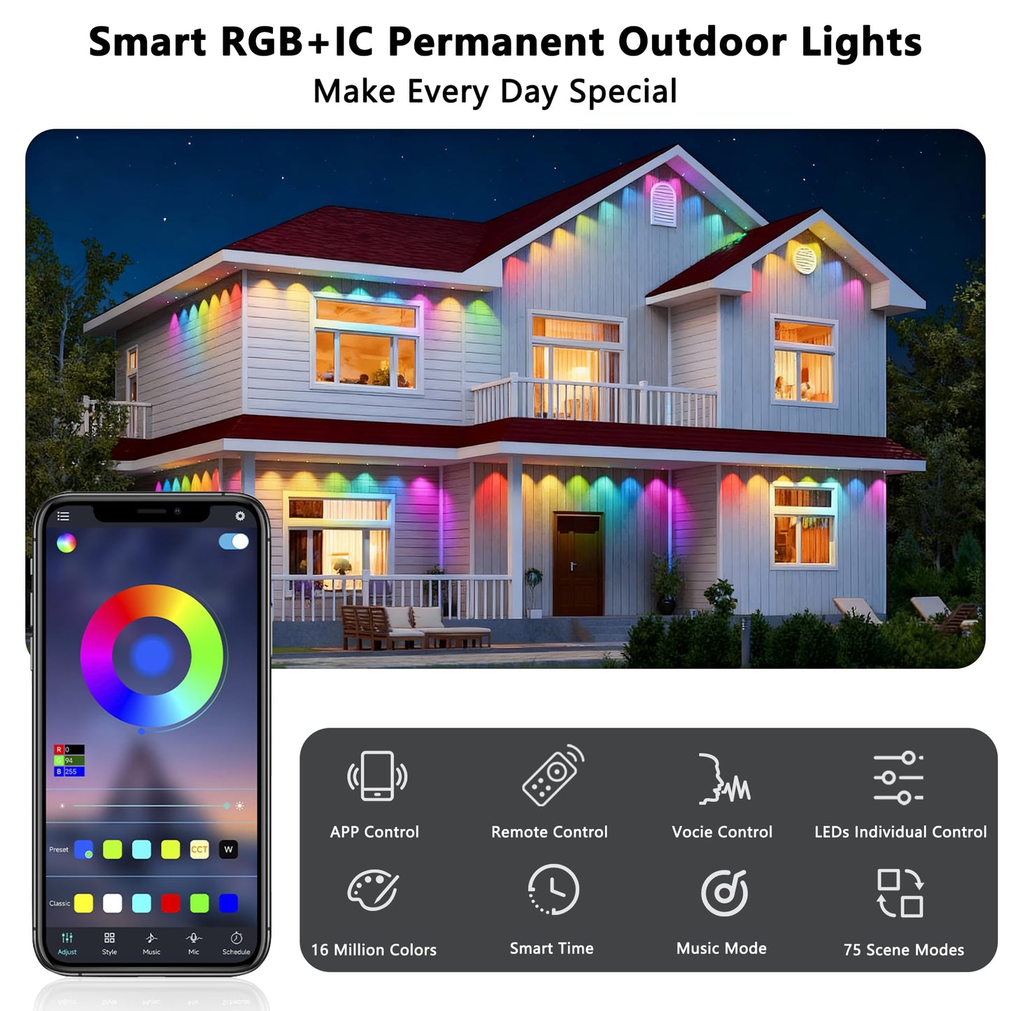 Permanent Outdoor Lights Pro, 100ft with 60 RGB+IC LED Lights for House, 75 Scene Modes,IP68 Waterproof Eave lights Compatible with Alexa, Google Assistant for Halloween Christmas Outdoor Daily Decor