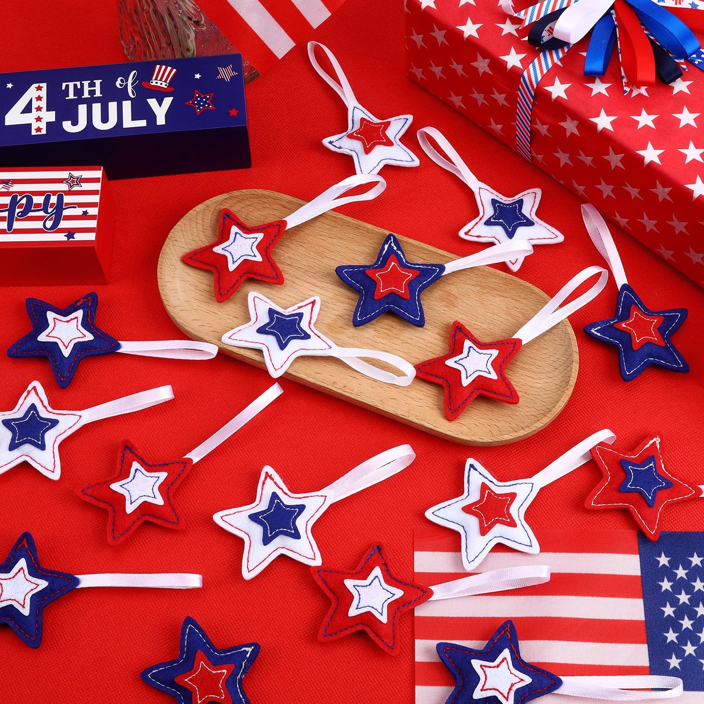 JANSUN Patriotic 4th of July Felt Star Ornaments 30 Pack Tree Hanging Star