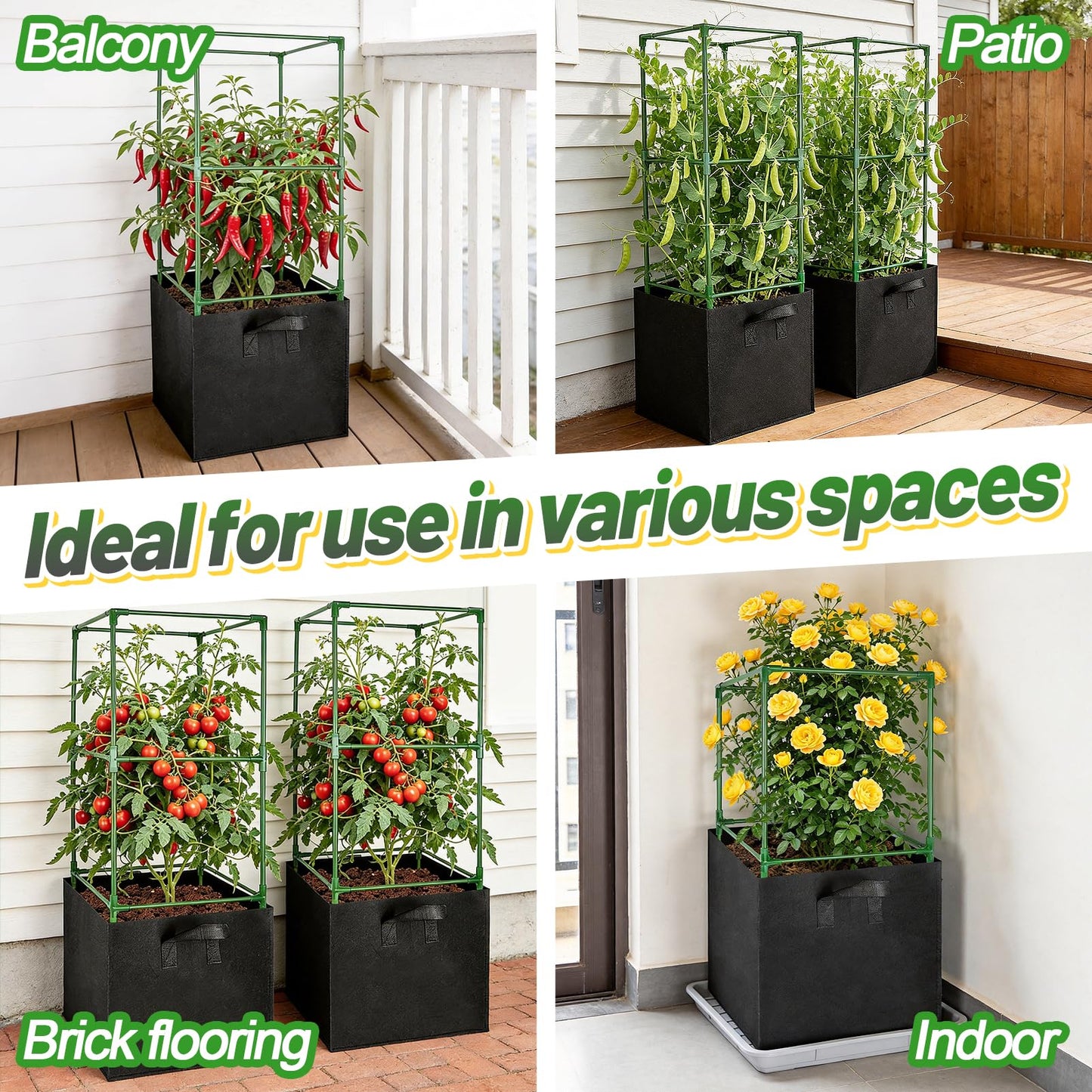 ANPHSIN Sturdy Square Tomato Cage with Movable 17 Gal Grow Bags - 2 Sets 47'' Plants Garden Trellis Planter, Support for Indoor Outdoor, Cucumber, Beans, Peppers, Eggplants, Climbing Vegetables