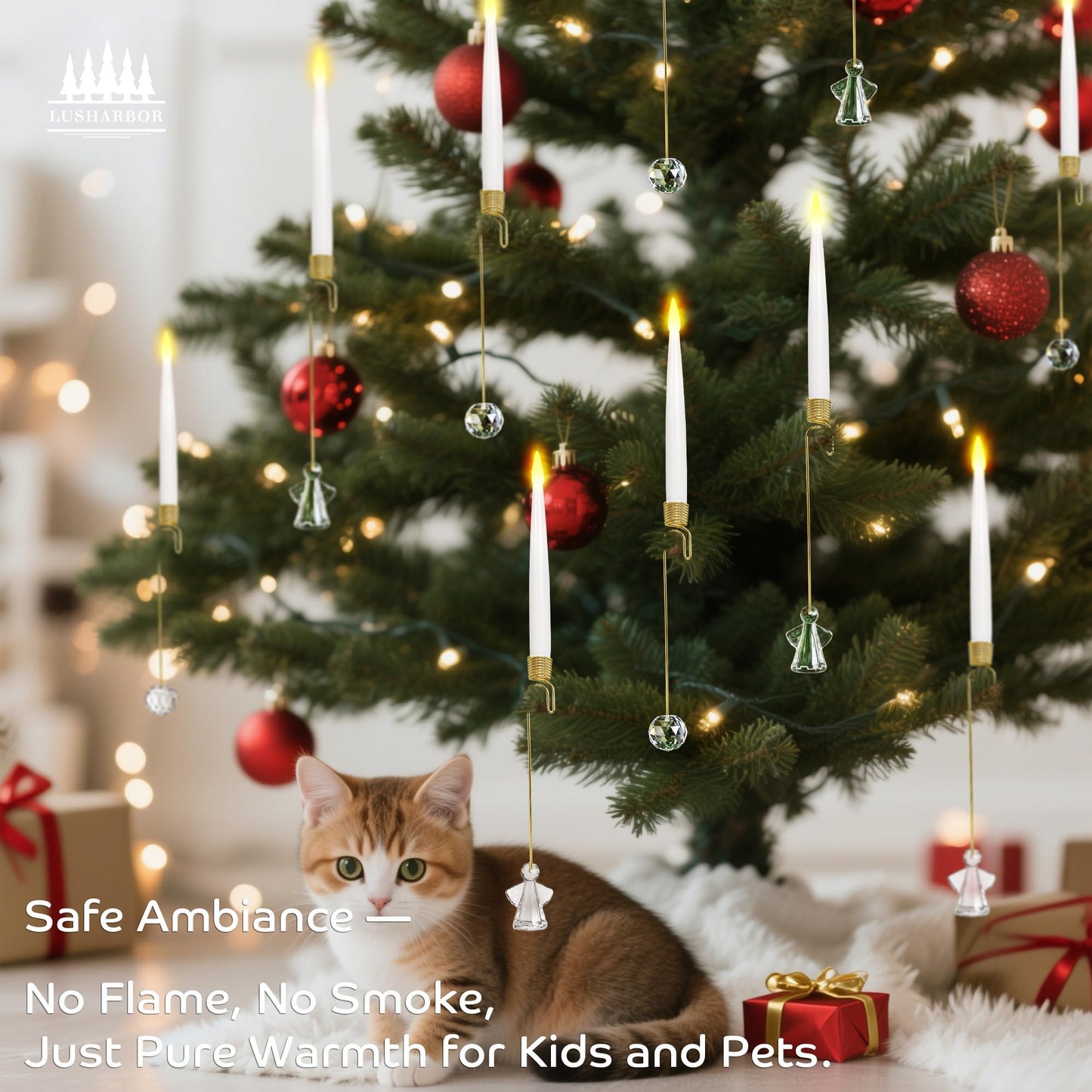 LUSHARBOR Christmas Tree Candles, 10 Pack Flameless Taper Candles for Christmas Tree Decor, Fake LED Candle Battery Operated with Remote for Xmas Wedding Home Gift with Crystal Ball Angel Hook