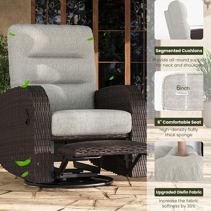 LayinSun Oversized Wicker Outdoor Swivel Glider Recliner with Adjustable Backrest & Footrest, Patio Reclining Lounge Chair