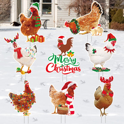 Suzile 8 Pcs Chicken Christmas Yard Signs with Stakes Merry Lawn Sign Pet Theme Christmas Yard Stakes Xmas Outdoor Lawn Decor Waterproof Decorations for Holiday Garden Patio