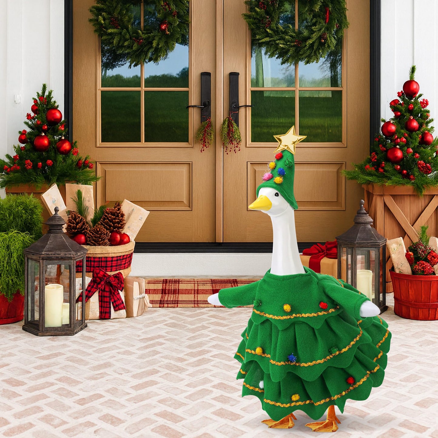 Watayo 2 Pcs/Set Christmas Tree Porch Goose Outfits, Lawn Goose Statue Xmas Tree Costume, Green Christmas Garden Goose Clothes Dress and Hat for 23" High Statue Xmas Holiday Patio Yard Decor