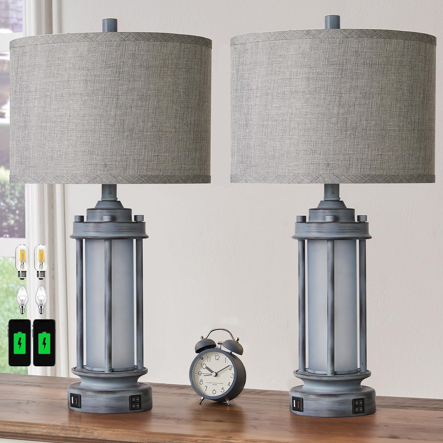 AIEAMPDO Set of 2 Rustic Table Lamps for Living Room with 2 USB C+A Ports