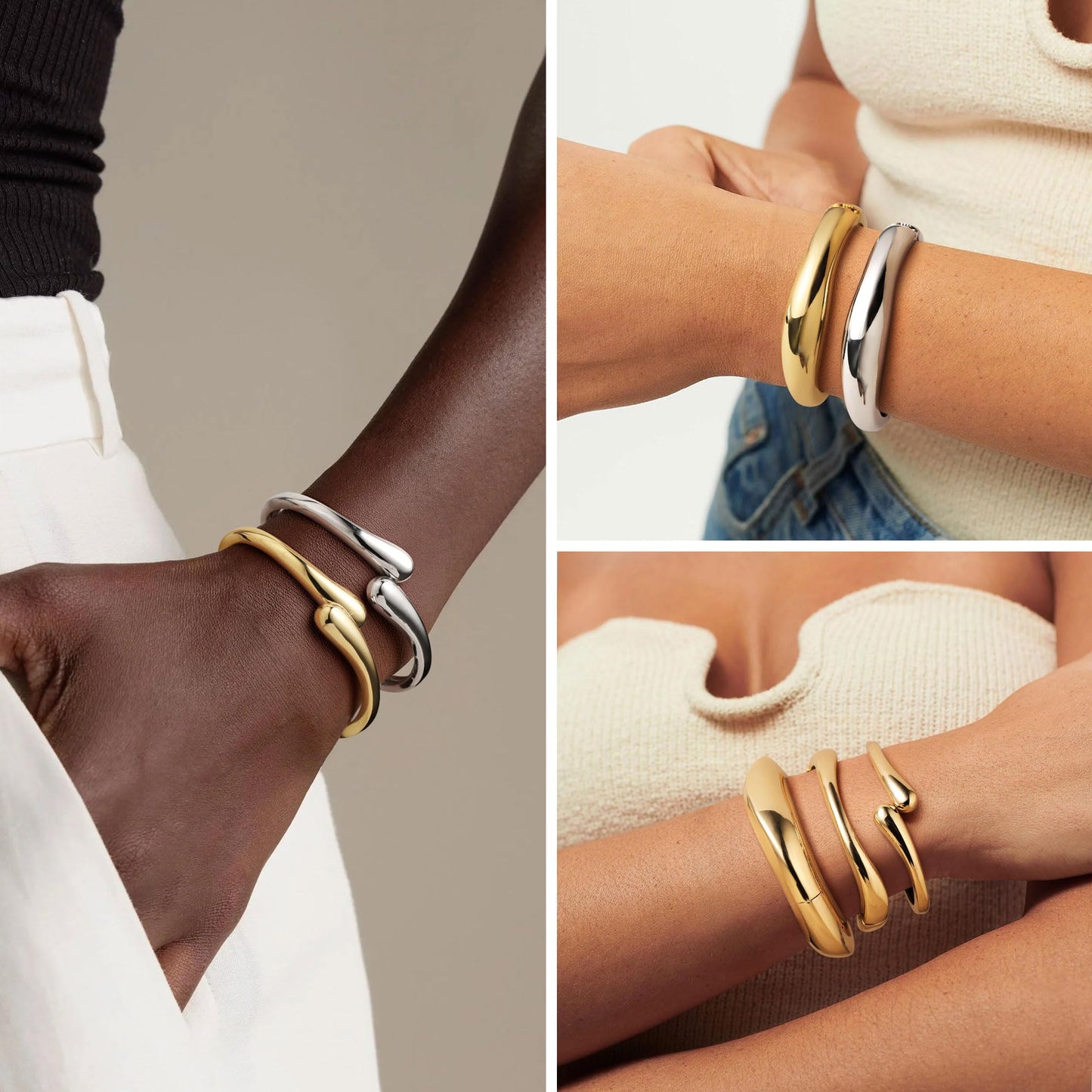 M MOOHAM Chunky Gold Bangle Bracelets for Women, Dainty 14k Gold-Plated Thicker Stackable Chain Bangles Cuff Bracelets Stack Set for Women Trendy Jewelry Gifts