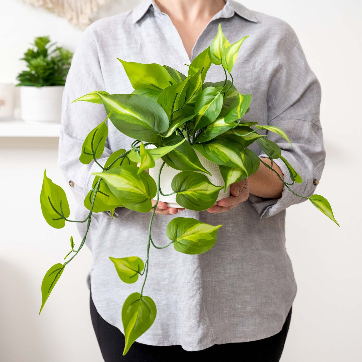 Kurrajong Farmhouse Dark Green Fake pothos | Fake Plant for Shelf Decor | Artificial Trailing Ivy Plant with 5" Wide Ceramic Pot | Faux pothos | Feaux Pothos | Bathroom and Kitchen Decor