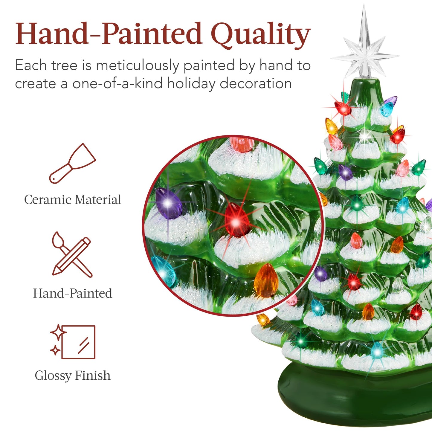 Best Choice Products 15in Ceramic Christmas Tree, Pre-lit Hand-Painted Tabletop Holiday Tree, 2 Star Toppers, 64 Lights - Flocked w/Multicolored Bulbs