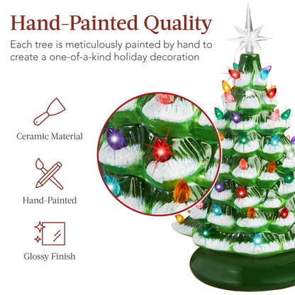 Best Choice Products 15in Ceramic Christmas Tree, Pre-lit Hand-Painted Tabletop Holiday Tree, 2 Star Toppers, 64 Lights - Flocked w/Multicolored Bulbs