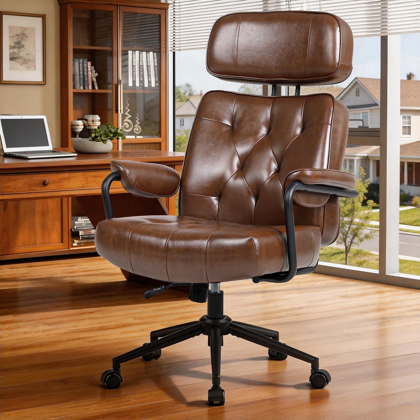 Mid Century Modern Home Office Desk Chair, Ergonomic Office Chair Big and Tall, High Back Executive Office Chair Leather Extra Wide, Computer Chair Comfy, Adjustable Height Rolling Chair, Caramel