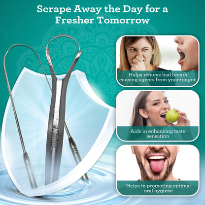GuruNanda Tongue Scraper for Adults (2 Pack) with Travel Case, 420 Medical-Grade 100% Stainless Steel Tongue Cleaner, Aids in Fresh Breath & Oral Care