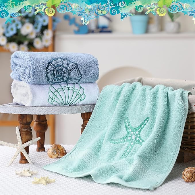 3 Pack Coastal Hand Towels for Bathroom 100% Cotton Embroidered Beach Bathroom